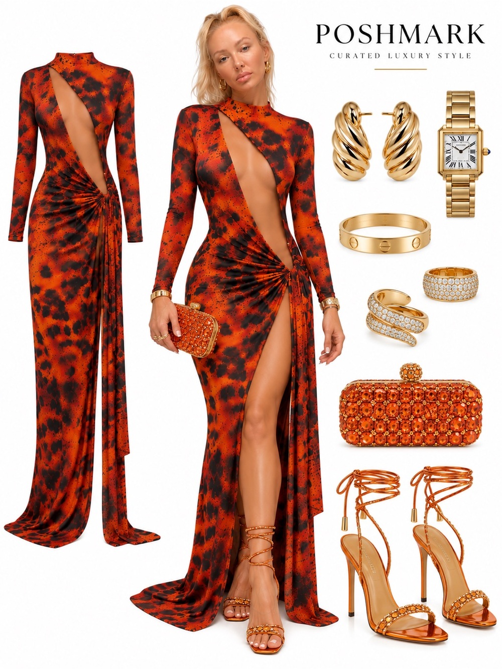Cutout Orange Leopard-Print Maxi Dress with Thigh Slit